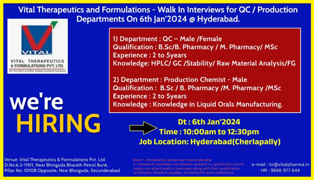 Vital Therapeutics - Walk-In Interviews on 6th Jan 2024 for QC, Production